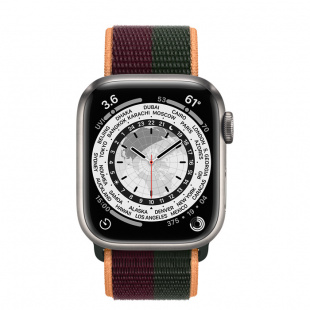 Apple Watch Series 7 // 45мм GPS + Cellular // Корпус из титана, спортивный браслет цвета «тёмная вишня/зелёный лес»