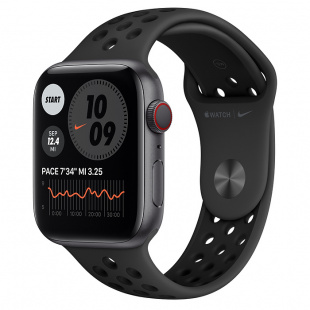 Apple Watch Series 6 // 44мм GPS + Cellular // Корпус из алюминия цвета «серый космос», спортивный ремешок Nike цвета «Антрацитовый/чёрный»