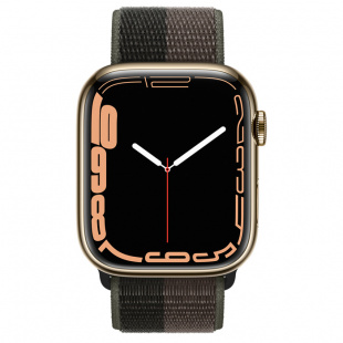 Apple Watch Series 7 // 45мм GPS + Cellular // Корпус из нержавеющей стали золотого цвета, спортивный браслет цвета «сумрачный торнадо/серый»