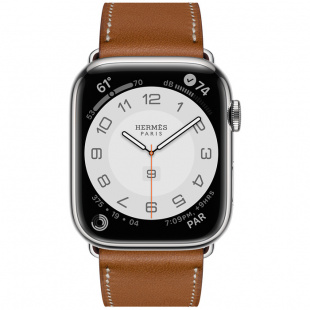 Apple Watch Series 7 Hermès // 45мм GPS + Cellular // Корпус из нержавеющей стали серебристого цвета, ремешок Single Tour из кожи Barénia цвета Fauve