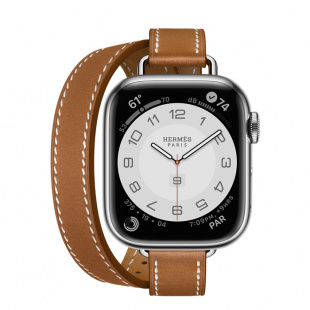 Apple Watch Series 7 Hermès // 41мм GPS + Cellular // Корпус из нержавеющей стали серебристого цвета, ремешок Double Tour Attelage из кожи Barénia цвета Fauve