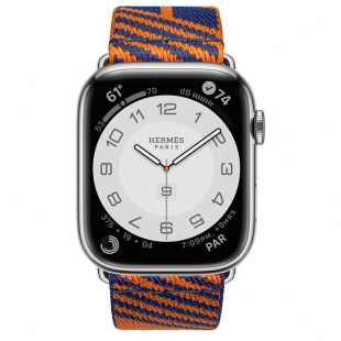 Apple Watch Series 7 Hermès // 45мм GPS + Cellular // Корпус из нержавеющей стали серебристого цвета, ремешок Hermès Simple Tour Jumping цвета Bleu Saphir/Orange