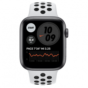 Apple Watch SE // 44мм GPS // Корпус из алюминия цвета «серый космос», спортивный ремешок Nike цвета «Чистая платина/чёрный» (2020)