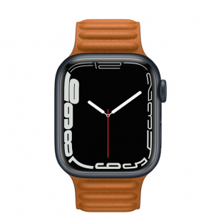 Apple Watch Series 7 // 45мм GPS // Корпус из алюминия цвета «тёмная ночь», кожаный браслет цвета «золотистая охра», размер ремешка S/M