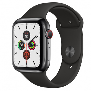 Apple Watch Series 5 // 44мм GPS + Cellular // Корпус из нержавеющей стали цвета «серый космос», спортивный ремешок чёрного цвета