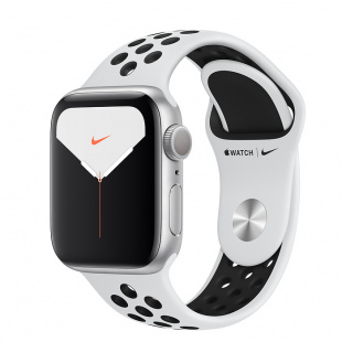 Apple Watch Series 5 // 40мм GPS + Cellular // Корпус из алюминия серебристого цвета, спортивный ремешок Nike цвета «чистая платина/чёрный»