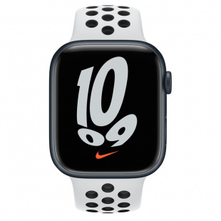 Apple Watch Series 7 // 41мм GPS // Корпус из алюминия цвета «тёмная ночь», спортивный ремешок Nike цвета «чистая платина/чёрный»