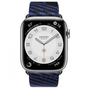Apple Watch Series 7 Hermès // 41мм GPS + Cellular // Корпус из нержавеющей стали серебристого цвета, ремешок Hermès Simple Tour Jumping цвета Noir/Bleu Saphir
