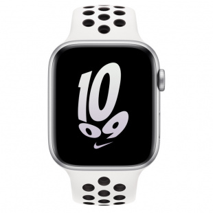 Apple Watch SE // 44мм GPS + Cellular // Корпус из алюминия серебристого цвета, спортивный ремешок Nike цвета «Чистая платина/чёрный» (2022-2023)