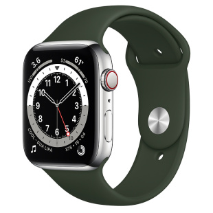 Apple Watch Series 6 // 44мм GPS + Cellular // Корпус из нержавеющей стали серебристого цвета, спортивный ремешок цвета «Кипрский зелёный»