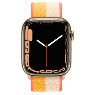 Apple Watch Series 7 // 45мм GPS + Cellular // Корпус из нержавеющей стали золотого цвета, спортивный браслет цвета «спелый маис/белый»
