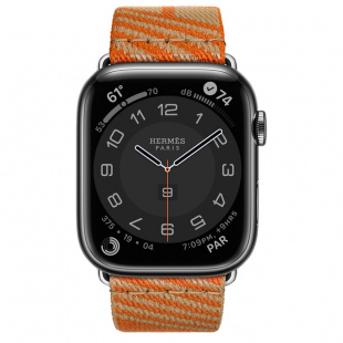 Apple Watch Series 7 Hermès // 45мм GPS + Cellular // Корпус из нержавеющей стали цвета «черный космос», ремешок Hermès Simple Tour Jumping цвета Kraft/Orange