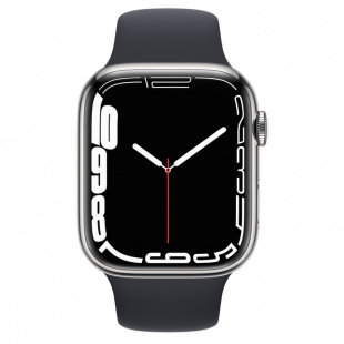 Apple Watch Series 7 // 45мм GPS + Cellular // Корпус из нержавеющей стали серебристого цвета, спортивный ремешок цвета «тёмная ночь»