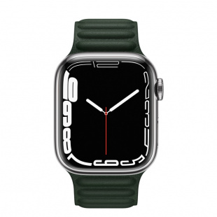 Apple Watch Series 7 // 45мм GPS + Cellular // Корпус из нержавеющей стали серебристого цвета, кожаный браслет цвета «зелёная секвойя», размер ремешка S/M