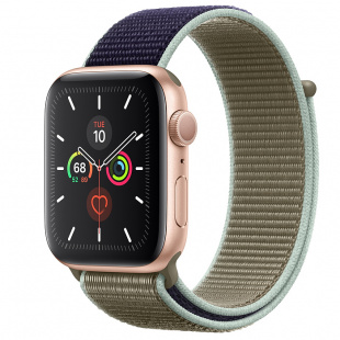 Apple Watch Series 5 // 44мм GPS // Корпус из алюминия золотого цвета, спортивный браслет цвета «лесной хаки»