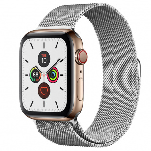 Apple Watch Series 5 // 44мм GPS + Cellular // Корпус из нержавеющей стали золотого цвета, миланский сетчатый браслет серебристого цвета