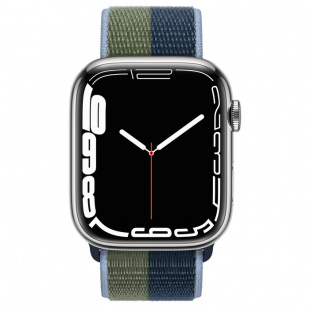 Apple Watch Series 7 // 45мм GPS + Cellular // Корпус из нержавеющей стали серебристого цвета, спортивный браслет цвета «синий омут/зелёный мох»