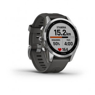 Мультиспортивные часы Garmin Fenix 7S (42mm) Solar, серебристый стальной корпус, графитовый силиконовый ремешок