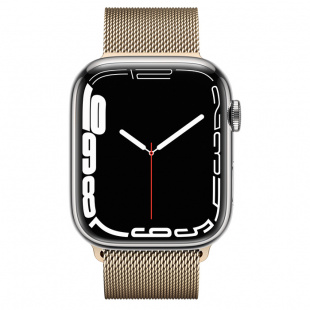 Apple Watch Series 7 // 45мм GPS + Cellular // Корпус из нержавеющей стали серебристого цвета, миланский сетчатый браслет золотого цвета