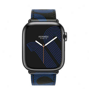 Apple Watch Series 7 Hermès // 45мм GPS + Cellular // Корпус из нержавеющей стали цвета «черный космос», ремешок Single Tour Circuit H цвета Noir/Bleu Électrique