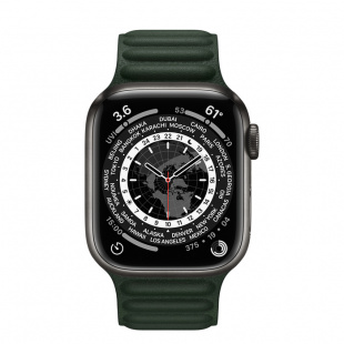 Apple Watch Series 7 // 45мм GPS + Cellular // Корпус из титана цвета «черный космос», кожаный браслет цвета «зелёная секвойя», размер ремешка S/M