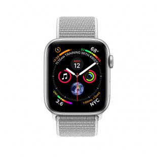 Apple Watch Series 4 // 44мм GPS // Корпус из алюминия серебристого цвета, ремешок из плетёного нейлона цвета «белая ракушка» (MU6C2)