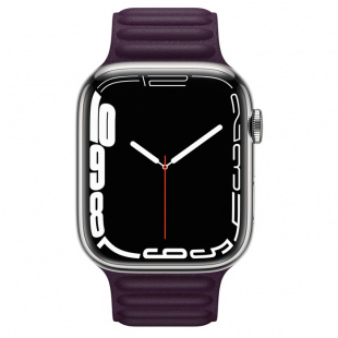 Apple Watch Series 7 // 45мм GPS + Cellular // Корпус из нержавеющей стали серебристого цвета, кожаный браслет цвета «тёмная вишня», размер ремешка M/L