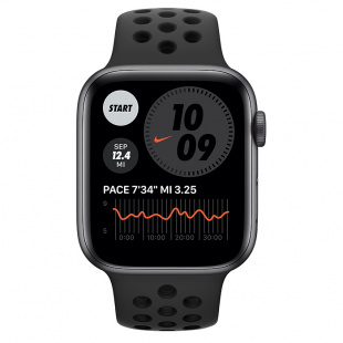 Apple Watch Series 6 // 44мм GPS // Корпус из алюминия цвета «серый космос», спортивный ремешок Nike цвета «Антрацитовый/чёрный»