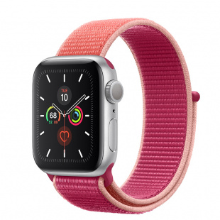 Apple Watch Series 5 // 44мм GPS + Cellular // Корпус из алюминия серебристого цвета, спортивный браслет цвета «сочный гранат»