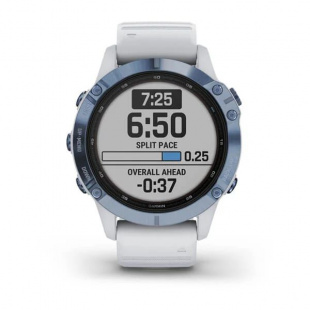 Мультиспортивные часы Garmin Fenix 6 Pro (47mm) Solar, стальной корпус цвета "синий минерал", белый силиконовый ремешок