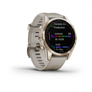 Мультиспортивные часы Garmin Fenix 7S (42mm) Sapphire Solar, титановый кремово-золотой корпус, светло-песочный силиконовый ремешок