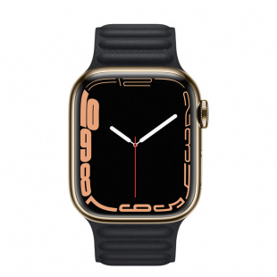 Apple Watch Series 7 // 41мм GPS + Cellular // Корпус из нержавеющей стали золотого цвета, кожаный браслет цвета «тёмная ночь», размер ремешка M/L