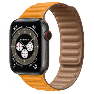 Apple Watch Series 6 // 44мм GPS + Cellular // Корпус из титана цвета «черный космос», кожаный браслет цвета «Золотой апельсин», размер ремешка S/M