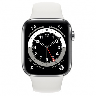 Apple Watch Series 6 // 44мм GPS + Cellular // Корпус из нержавеющей стали серебристого цвета, спортивный ремешок белого цвета