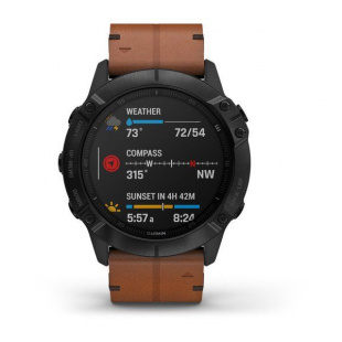 Мультиспортивные часы Garmin Fenix 6X (51mm) Sapphire, черный стальной DLC корпус, каштановый кожаный ремешок