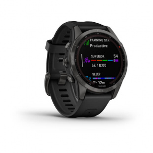 Мультиспортивные часы Garmin Fenix 7S (42mm) Sapphire Solar, титановый угольно-серый DLC корпус, угольно-серый силиконовый ремешок