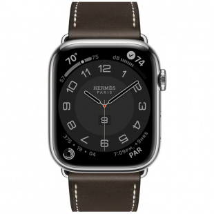 Apple Watch Series 8 Hermès // 45мм GPS + Cellular // Корпус из нержавеющей стали серебристого цвета, ремешок Single Tour цвета Ébène с раскладывающейся застёжкой (Deployment Buckle)