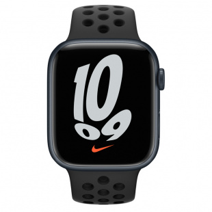Apple Watch Series 7 // 45мм GPS // Корпус из алюминия цвета «тёмная ночь», спортивный ремешок Nike цвета «антрацитовый/чёрный»