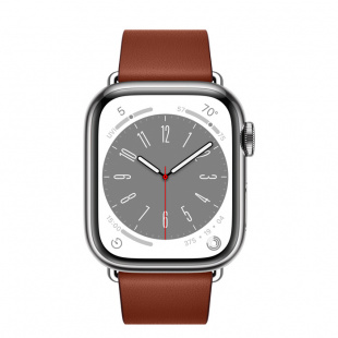 Apple Watch Series 8 // 41мм GPS + Cellular // Корпус из нержавеющей стали серебристого цвета, ремешок темно-коричневого цвета с современной пряжкой (Modern Buckle), размер ремешка S