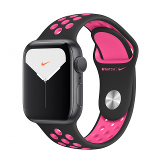 Apple Watch Series 5 // 44мм GPS + Cellular // Корпус из алюминия цвета «серый космос», спортивный ремешок Nike цвета «чёрный/розовый всплеск»