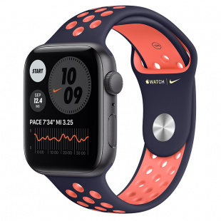 Apple Watch SE // 44мм GPS // Корпус из алюминия цвета «серый космос», спортивный ремешок Nike цвета «Полночный синий/манго» (2020)