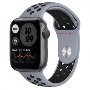 Apple Watch Series 6 // 44мм GPS // Корпус из алюминия цвета «серый космос», спортивный ремешок Nike цвета «Дымчатый серый/чёрный»