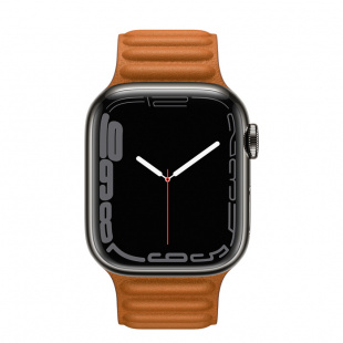 Apple Watch Series 7 // 41мм GPS + Cellular // Корпус из нержавеющей стали графитового цвета, кожаный браслет цвета «золотистая охра», размер ремешка M/L