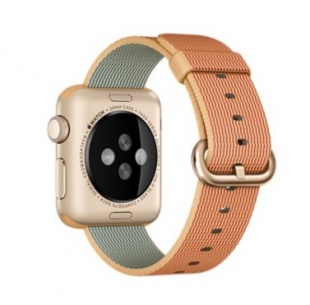 Apple Watch Sport 38 мм, золотистый алюминий, ремешок из плетёного нейлона цвета «золотистый/красный»