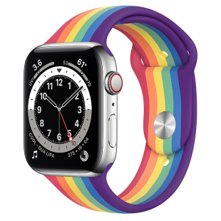 Apple Watch Series 6 // 40мм GPS + Cellular // Корпус из нержавеющей стали серебристого цвета, спортивный ремешок радужного цвета