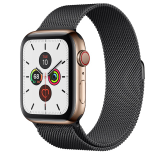 Apple Watch Series 5 // 44мм GPS + Cellular // Корпус из нержавеющей стали золотого цвета, миланский сетчатый браслет цвета «чёрный космос»