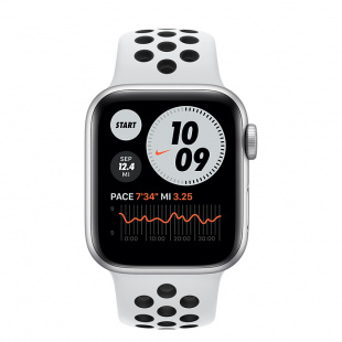 Apple Watch SE // 40мм GPS // Корпус из алюминия серебристого цвета, спортивный ремешок Nike цвета «Чистая платина/чёрный» (2020)