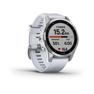 Мультиспортивные часы Garmin Fenix 7S (42mm) Solar, серебристый стальной корпус, белый силиконовый ремешок