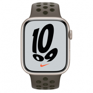 Apple Watch Series 7 // 45мм GPS // Корпус из алюминия цвета «сияющая звезда», спортивный ремешок Nike цвета «cерая олива/рабочий хаки»