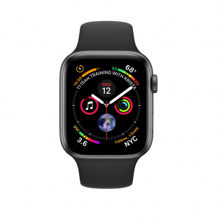 Apple Watch Series 4 // 44мм GPS + Cellular // Корпус из алюминия цвета «серый космос», спортивный ремешок чёрного цвета (MTUW2)